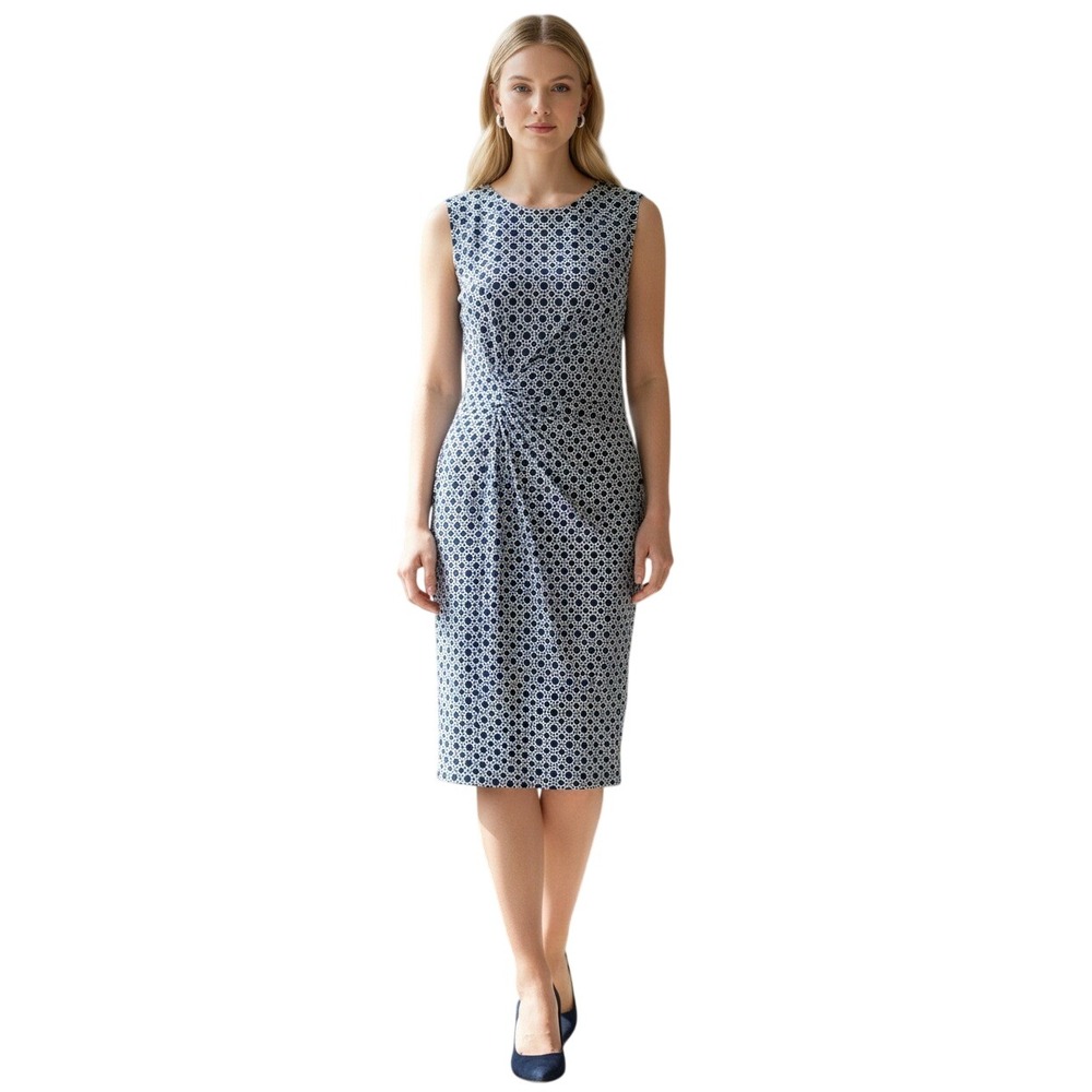 Navy Blue White Geometric Print Sleeveless Ruched Side Sheath Dress